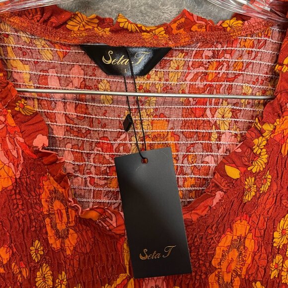 Women Colorful Floral 90s Retro Hippie Boho Girly Smocked Tiered Maxi Dress L - Picture 8 of 14